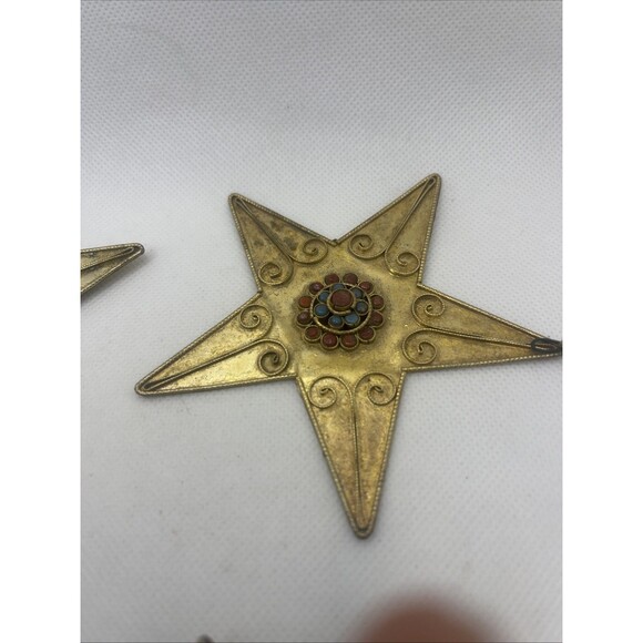Nepal Gold Brass Tone Star Coral Turquoise Handmade Amulet Pendent, Ornament 4" - Picture 4 of 8
